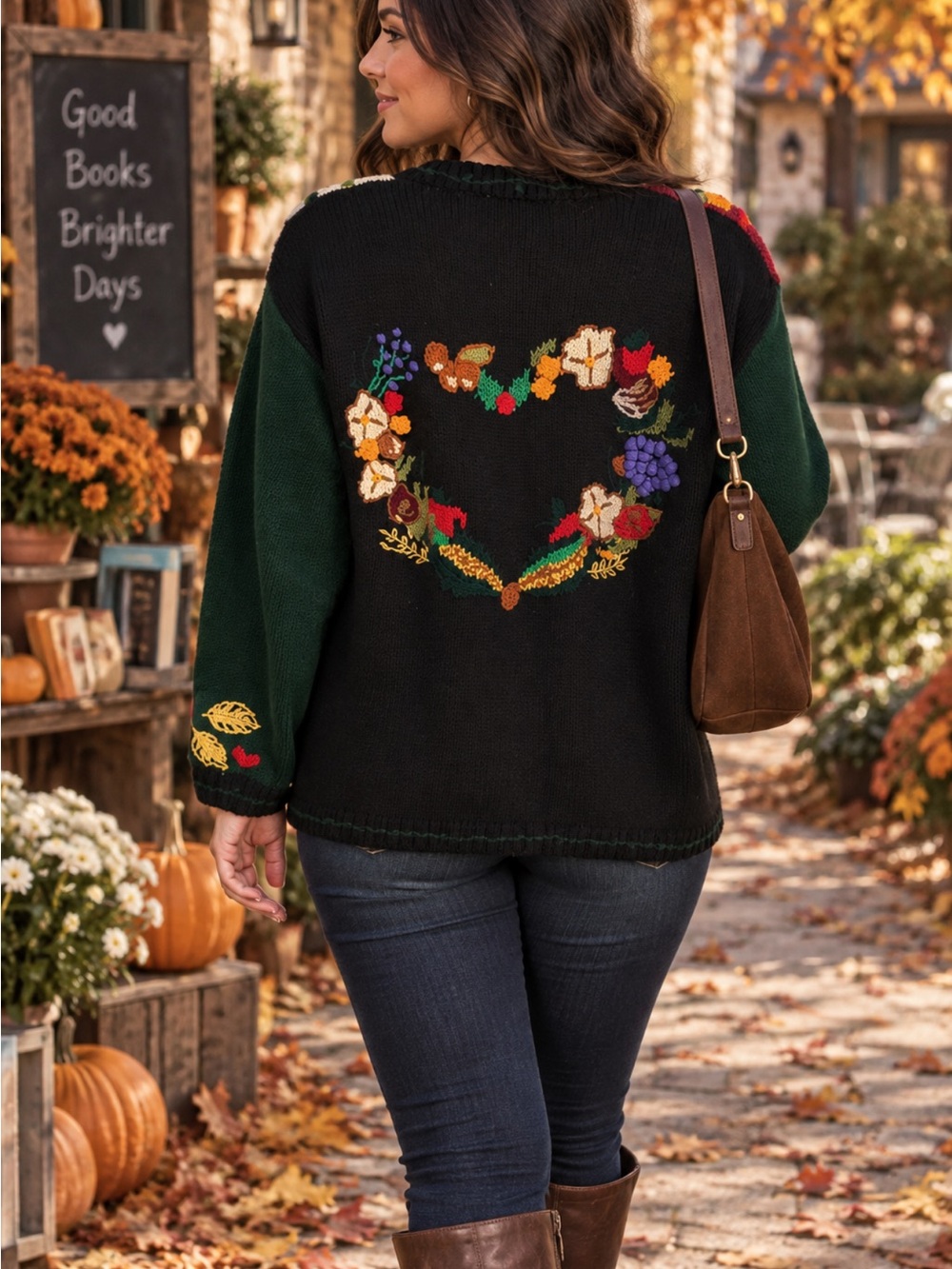 Vintage hand knit fall embroidered chunky cardigan sweater - Picture 2 of 7